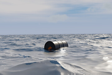 Oil Drum Barrel Floating In The Open Sea. Maritime Pollution Problems. 3D Rendering Of Marpol Concept