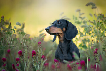 dachshund in a clover field, amazing portrait