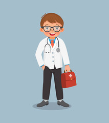 cute little boy with stethoscope wears doctor uniform holding medical bag. Job and occupation concept for educational purpose - obrazy, fototapety, plakaty
