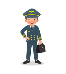 cute little boy dressed in pilot uniform holding bag. Job and occupation concept for educational purpose
