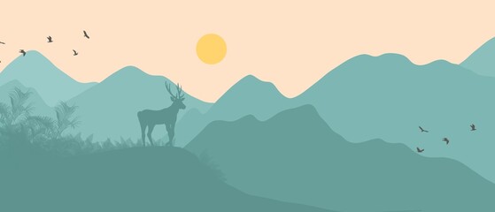 Amazing minimalist landscape with reindeer. Stunning views of the mountains. Deer in the mountains. Landscape with mountains and deer. Beautiful background with mountains and deer in minimalist style.
