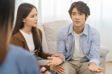Psychology, depression asian young couple love, woman, man patient consulting problem mental health...