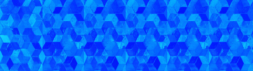Old abstract blue vintage geometric shabby mosaic motif porcelain stoneware tiles stone concrete cement wall wallpaper texture background banner panorama, with square cubes 3D print
