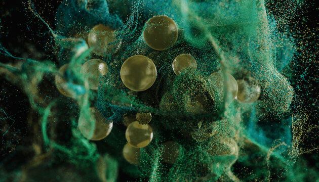 Abstract 3D Rendering of Flying Spheres 