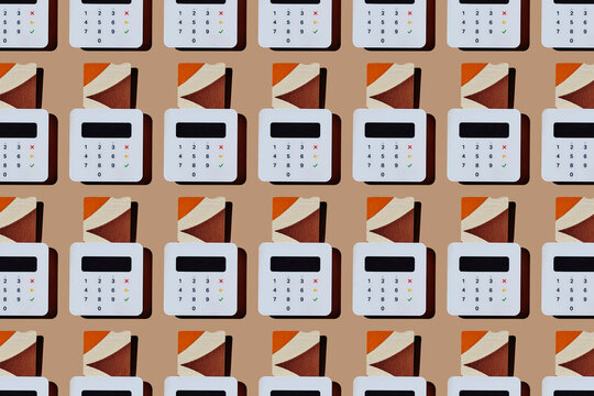 mosaic of payment terminals with credit cards