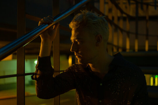 Gay Man With Depression And Mental Anxiety At Night.