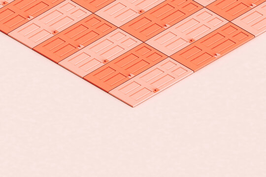many pink front doors with copy space. 3d render