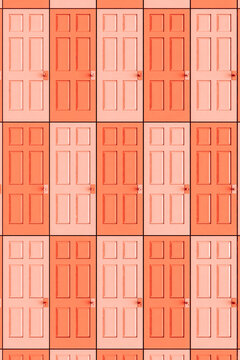 top-down view of many pink front doors. a pattern