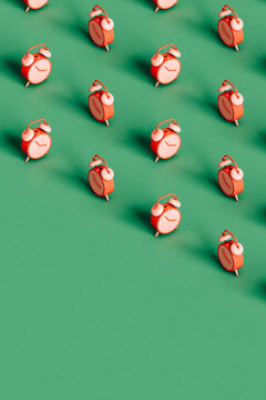 many pink alarm cloks with copy space. 3d render