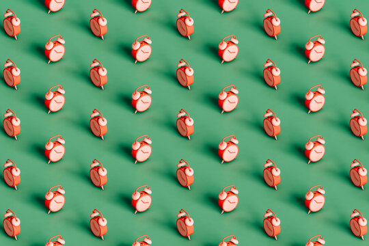 pattern of many pink alarm cloks in different positions