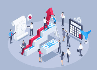 Fototapeta na wymiar isometric vector image on a gray background, men and women in business suits and an arrow tending upwards above money piles, calculator with documents, people work in a team of financial experts