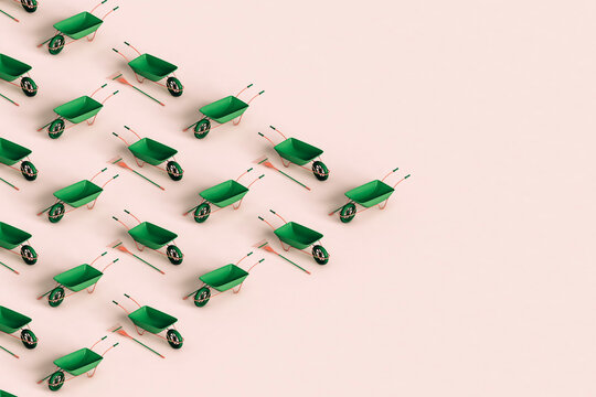 triangle from green rake and wheelbarrow in different positions