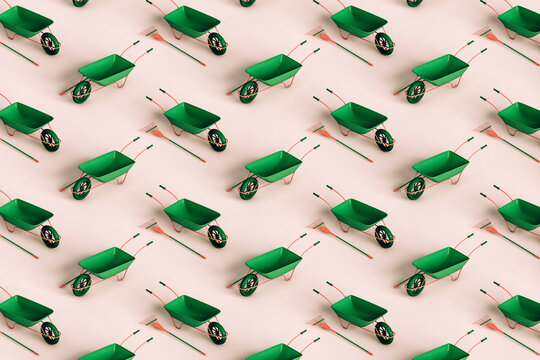 pattern of many green rake and wheelbarrows