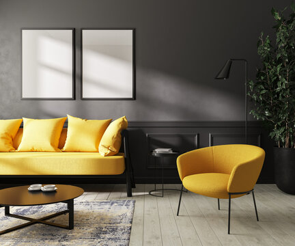 Blank frame mockup in  dark interior room with bright yellow furniture