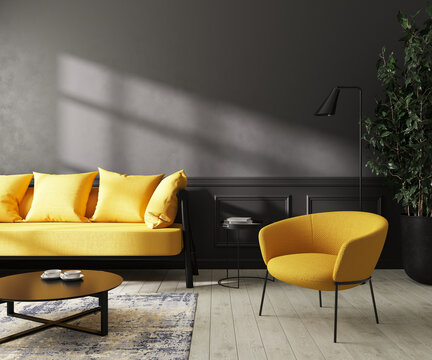 Black Walls Room Interior With Bright Yellow Furniture