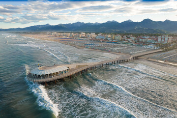 Aerial view at dawn of the pier of Lido di Camaiore Italy