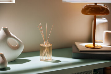 Reed diffusers near contemporary decorations