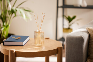 Reed diffusers and book near sofa