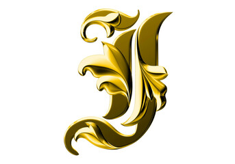 Fototapeta na wymiar Gold 3d font J isolated on white background. 3D rendered alphabet.