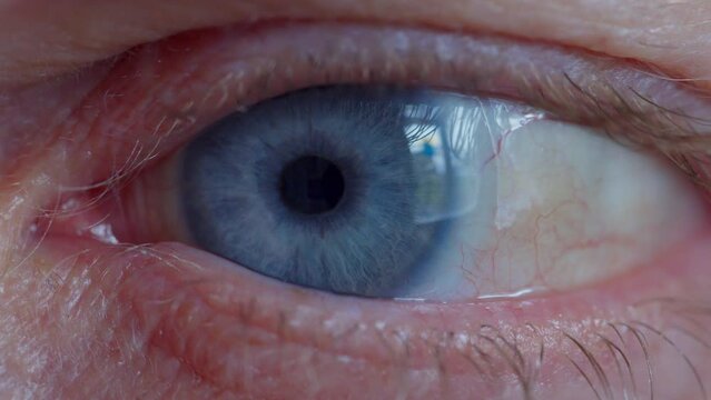 Close up of human eye opening, blue iris, pupil contracts
