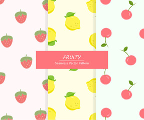 Set of colorful fruits seamless repeat patterns. Strawberry, lemon, and cherry vector pattern. Fruit illustration print