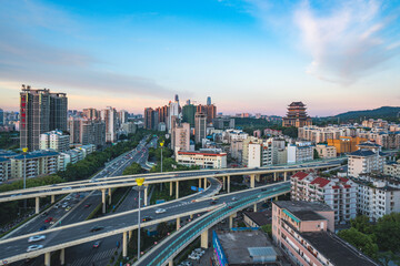 Fototapeta na wymiar The urban skyline of Nanning, Guangxi, green bamboo interchange and Yongzhou Pavilion in the evening