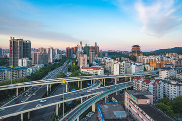 Fototapeta na wymiar The urban skyline of Nanning, Guangxi, green bamboo interchange and Yongzhou Pavilion in the evening