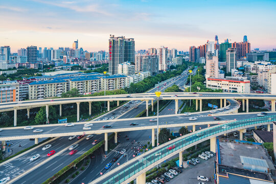 The urban skyline of Nanning, Guangxi, green bamboo interchange and Yongzhou Pavilion in the evening