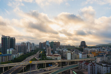 The urban skyline of Nanning, Guangxi, green bamboo interchange and Yongzhou Pavilion at sunrise
