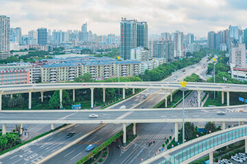 Fototapeta premium The urban skyline of Nanning, Guangxi, green bamboo interchange and Yongzhou Pavilion at sunrise