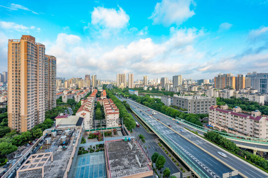 Qingzhu interchange, the urban skyline of Nanning, Guangxi