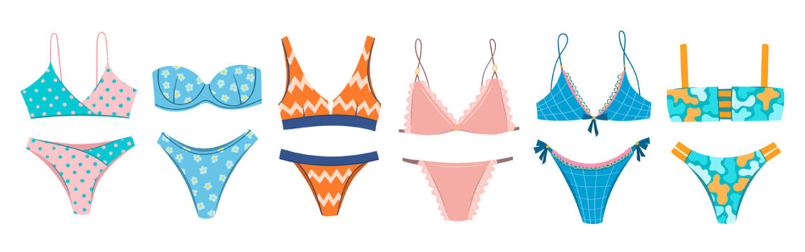 Bikini swimming suits collection. Swimsuits doodle set. Colorful bikini swimwear sketches. Summer vacation ladies clothes. Swimwear fashion.