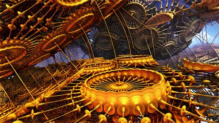 Gold construction and structures, abstract metallic fantastic shapes of ancient civilization architecture machinery and 3D structures, fictional sci fi background, 3D render illustration.