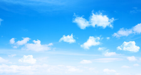 Naklejka na ściany i meble Sunny day background, blue sky with white cumulus clouds, natural summer or spring background with perfect hot day weather 3D illustration.