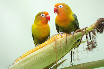 Fototapeta na wymiar A pair of lovebirds are perched on a corn kernel that is ready to be harvested. This bird which is used as a symbol of true love has the scientific name Agapornis fischeri.