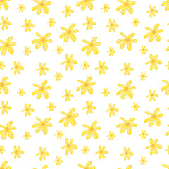 Simple yellow flowers, petals seamless, repeatable pattern, summer background. Repeated light background, soft textile texture. Bright abstract nature wallpaper.