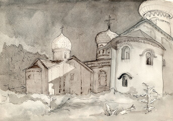 An ancient monastery church in the Pskov, Russia. Architectural vintage sketch drawn by pen, brown ink and grey watercolor - obrazy, fototapety, plakaty