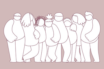 Group of simple diverse people. Friends, coworkers,volunteer,team are standing, hugging together. doodle characters are united general ideas. teamwork, reconciliation, friendship concept