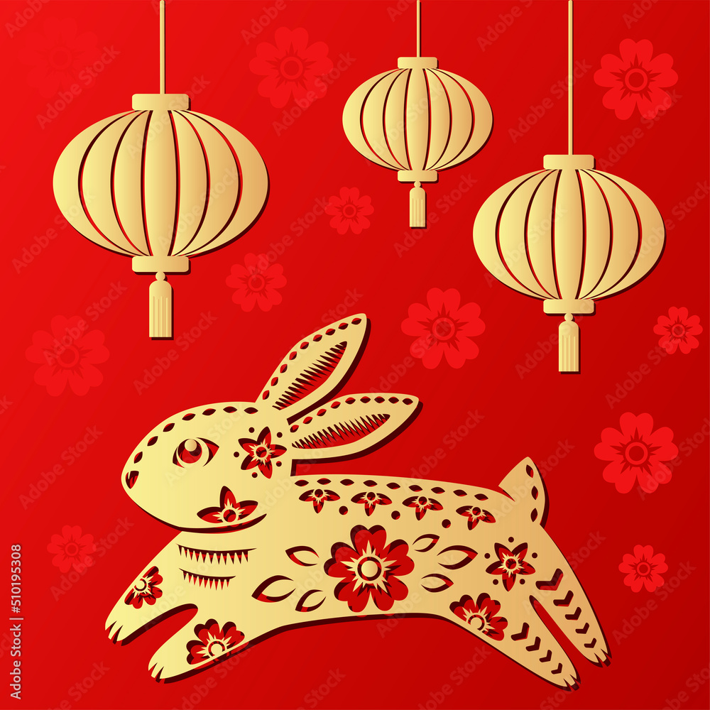 Wall mural happy chinese new year 2023 zodiac sign, year of the rabbit, with gold paper cut art on red color ba