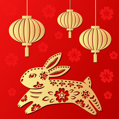 Obraz na płótnie Canvas Happy Chinese new year 2023 Zodiac sign, year of the Rabbit, with gold paper cut art on red color background with chinese lanterns