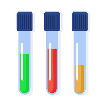 Medical blood test flat concept. Chemical laboratory analysis, medical office or laboratory. Patient blood in test tubes, medical blood test, blood samples. Chemical laboratory analysis. Vector