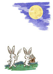 ススキと月見団子を持って走る2羽のうさぎのイラスト（余白あり）