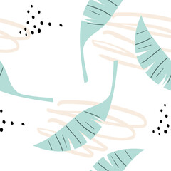 Obraz premium Seamless pattern with tropical banana leaves. Vector hand drawn on a white background. Print for wallpaper, textiles, clothing. Tropical leaves with dots and doodles.