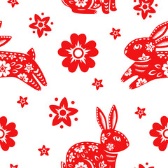Seamless pattern with zodiac sign, year of the Rabbit, with red paper cut art on white color background