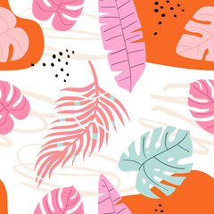 Vector colorful hand-drawn tropical seamless pattern. Modern print with tropical leaves, monstera, banana leaves, spots, dots and doodle. On a white background.