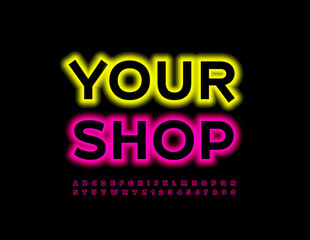 Vector creative template Your Shop. Pink Neon Font. Electric light Alphabet Letters and Numbers set