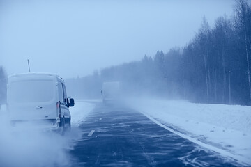 winter highway snowfall background fog poor visibility
