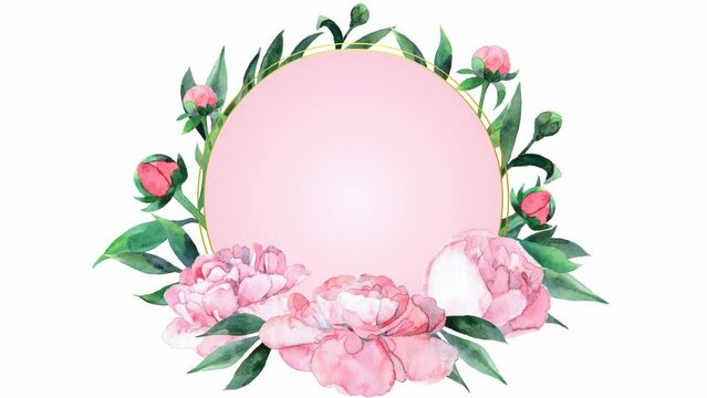 Animated watercolor pink rose with circle frame. Flower appears. Template with pink empty space for text. Hand drawn llustration isolated on the white background.
