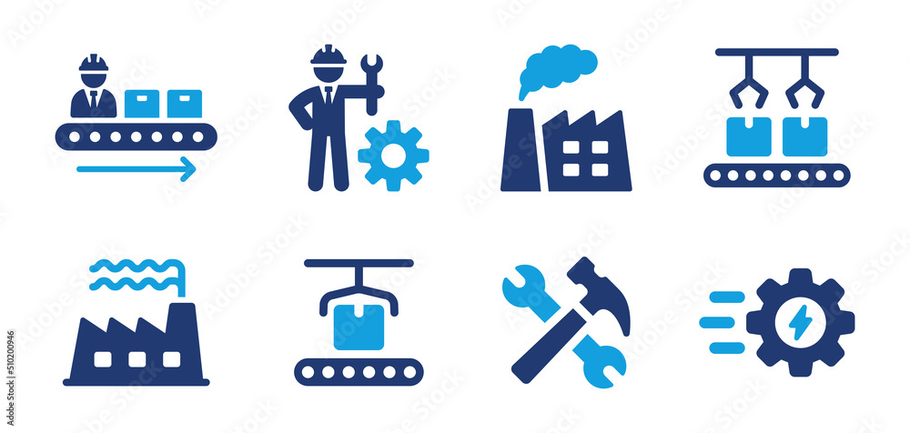 Poster Manufacturing icon vector set. Factory and industry production with automated assembly lines concept.