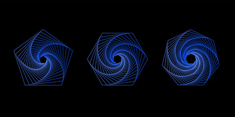 Set of 3D twisted gradient spirals. Geometry tunnel with lines. Abstract technology pentagon, hexagon and heptagon. Vector illustration.